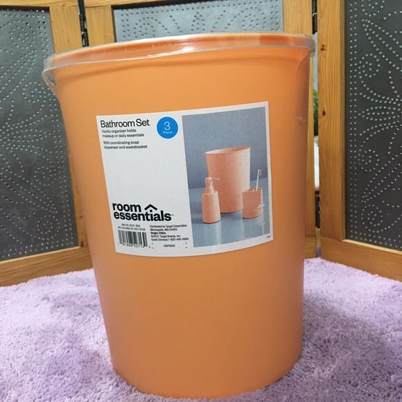 Set 3 Orange Bathroom Set Soap Dispenser Toothbrush Holder Trash Can Dorm Room - Picture 1 of 6